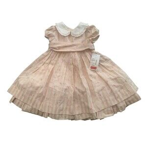 Ralph Lauren Baby Girl Dress 6M Pink Floral Stripe Peter Pan Collar Bow Back NWT
